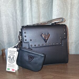 Valentino Orlandi Black Gunmatal Studded Crossbody Bag With Pouch